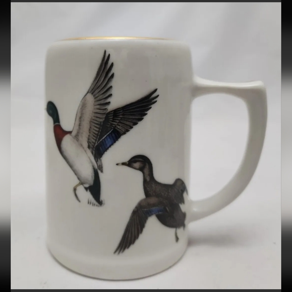 Mallard Ducks Flying 16oz. Coffee Mug Cup White & Gold Heavy Ceramic Wildlife.